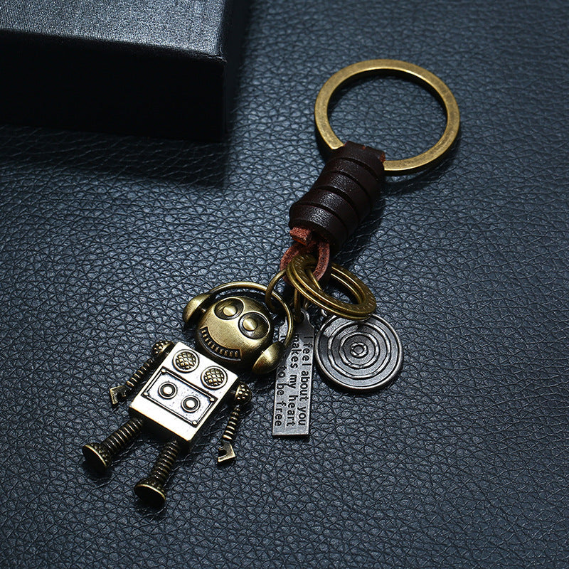 Wholesale Handwoven Genuine Leather Robot Alloy Keychain